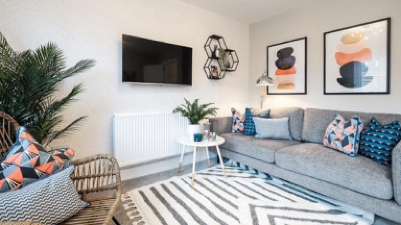 Interior of a living room with a grey sofa, colourful prints on the wall and a radiator and television mounted on the far wall